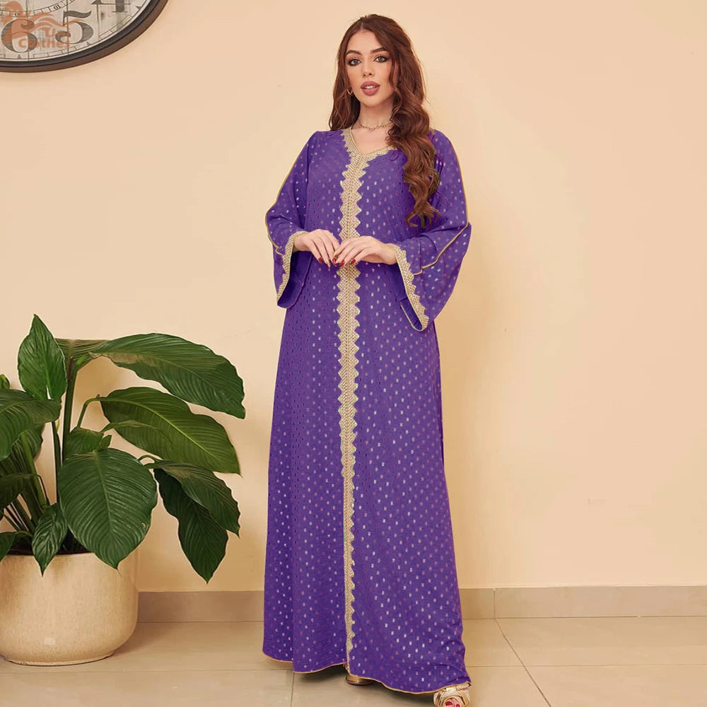 Modest Muslim Maxi Dress For Women Spring 2025 Lace Tape Trim V Neck Long Sleeve Loose Arab Oman Dubai Gold Stamping Robe Pink