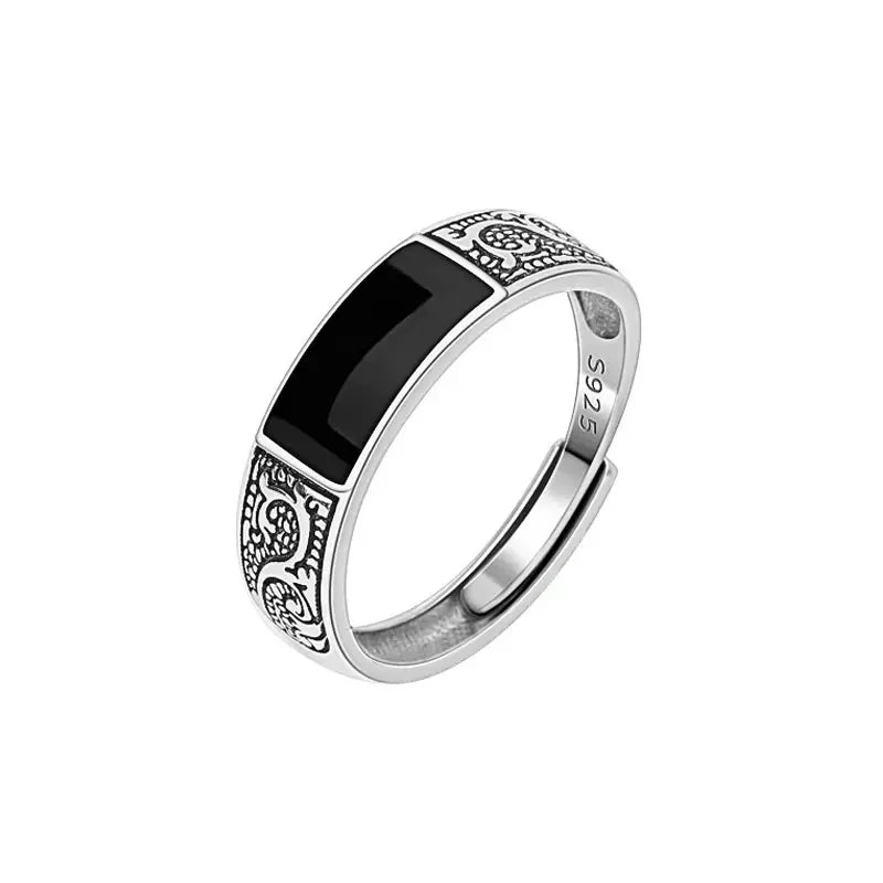 Trendy Vintage 925 Silver Ring for Men Jewelry Black Rectangle Retro Dragon Pattern Ring Male Rings Adjustable 남자 반지 남자친구 선물