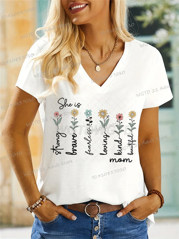Women T-shirt She Is Strong Kind Print Wild Flower Tees Bible Verses Mom Life V Neck Shirt Ladies Casual Tops Gift Mother's Day