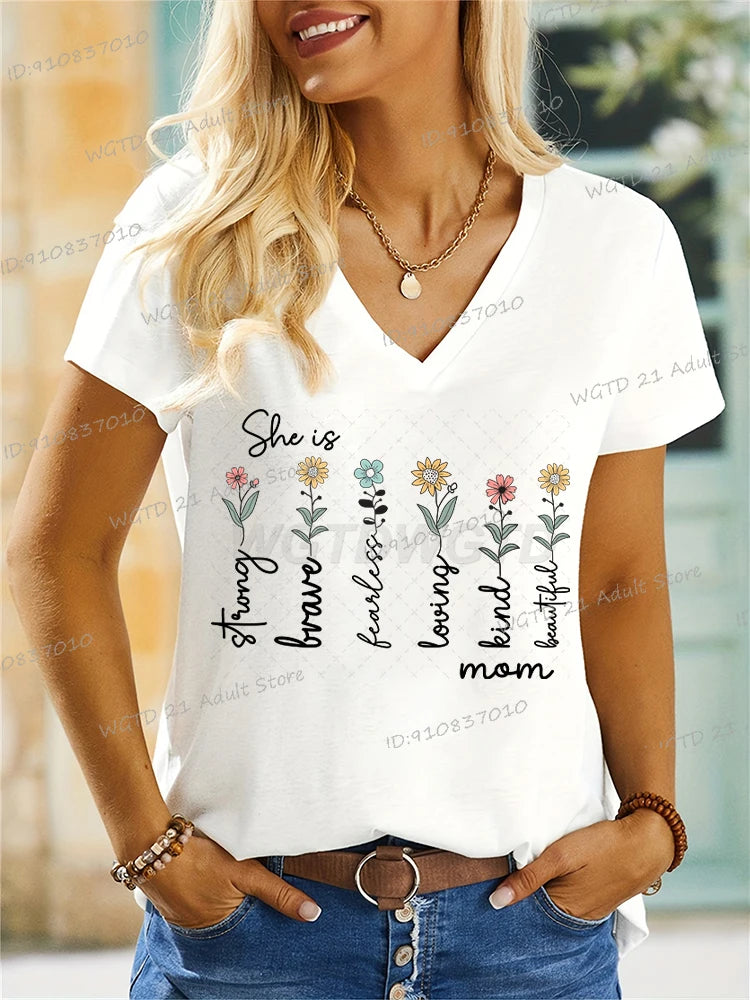 Women T-shirt She Is Strong Kind Print Wild Flower Tees Bible Verses Mom Life V Neck Shirt Ladies Casual Tops Gift Mother's Day