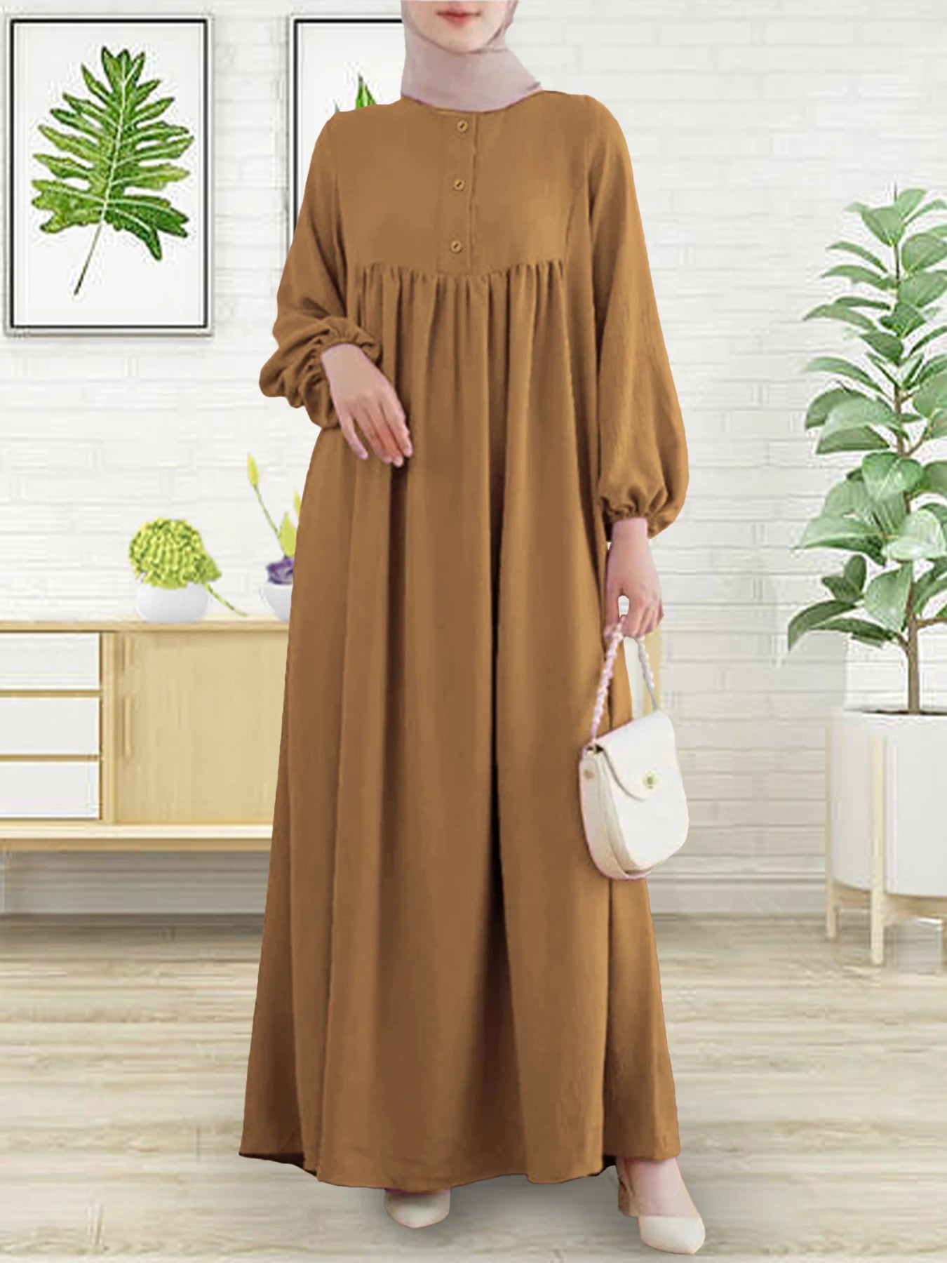 Modest Abaya Dress for Muslim Women Simple Bubble Sleeve Robe Crew Neck Breathable Islamic Abaya Dress