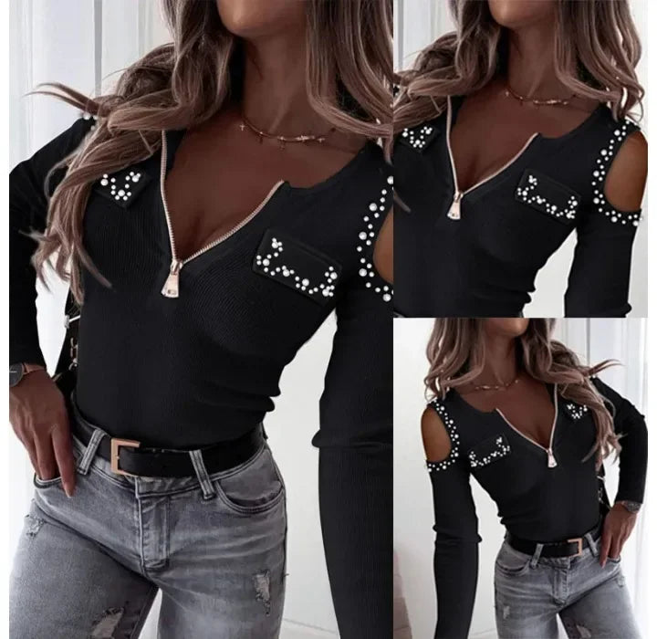 Woman Blouse Streetwear Spring 2024 New Long Sleeved V-Neck Off Shoulder Tops Fashion Casual Daily T-shirt Female's Pullover Tee