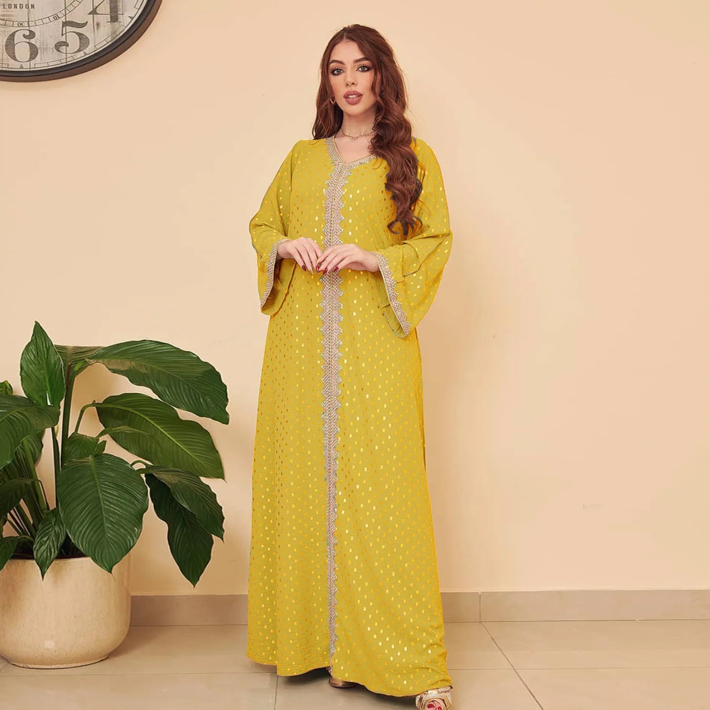 Modest Muslim Maxi Dress For Women Spring 2025 Lace Tape Trim V Neck Long Sleeve Loose Arab Oman Dubai Gold Stamping Robe Pink