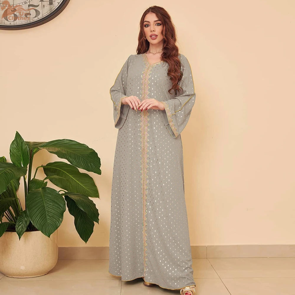 Modest Muslim Maxi Dress For Women Spring 2025 Lace Tape Trim V Neck Long Sleeve Loose Arab Oman Dubai Gold Stamping Robe Pink