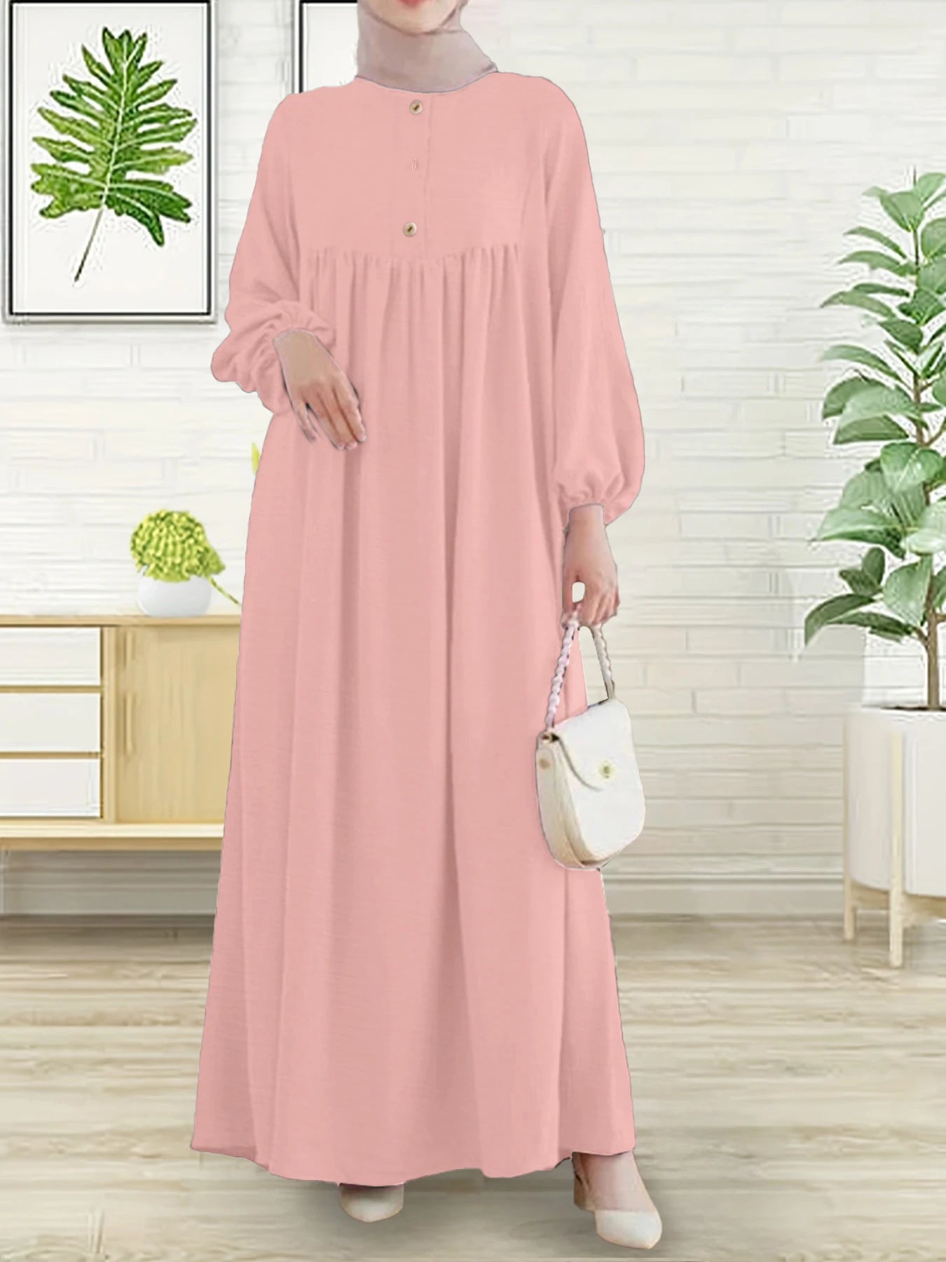 Modest Abaya Dress for Muslim Women Simple Bubble Sleeve Robe Crew Neck Breathable Islamic Abaya Dress