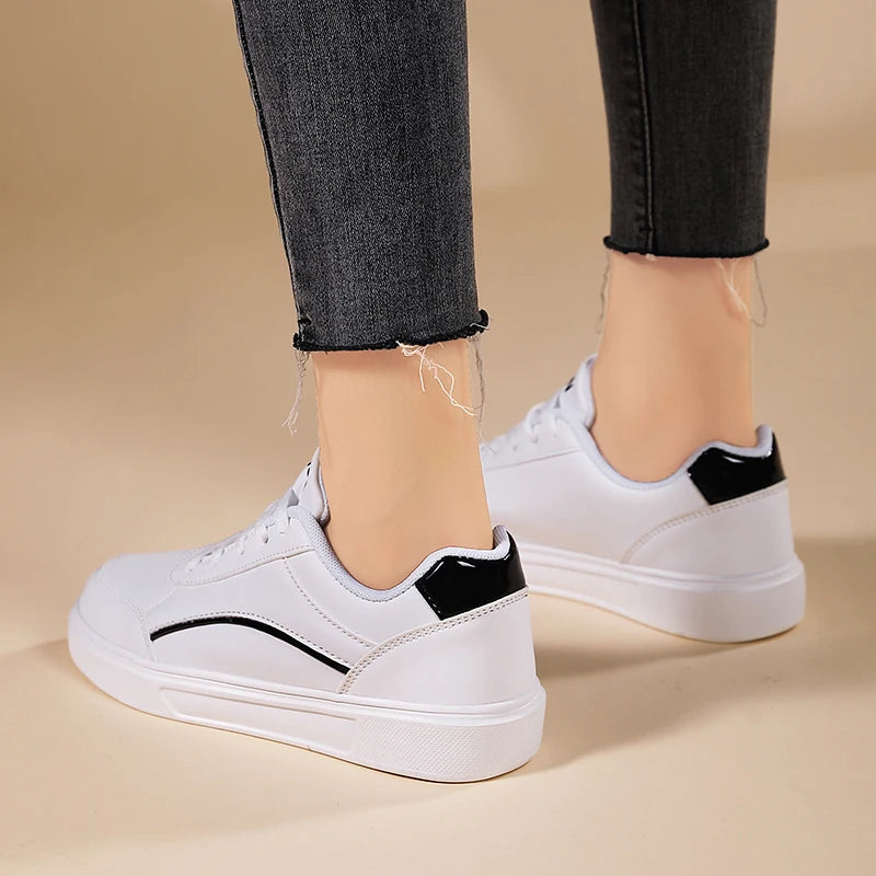 Women White Shoes Flat Female White Board Casual Shoes Lace Up PU Leather Walking Sneakers Thick Sole Outdoor Luxury Fashion