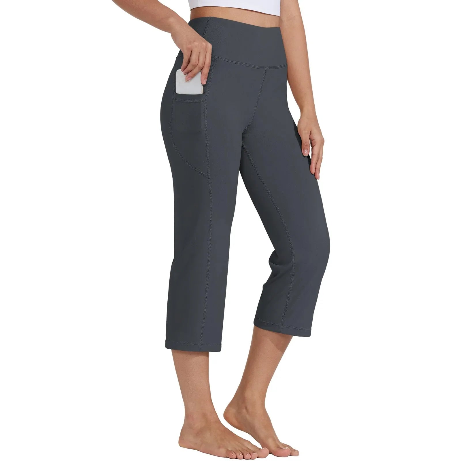 Women  Elastic High Waist 3/4 Pant Casual Active  Fit Wide Capris Leg Pants Trousers With Pockets Pants Woman брюки женские