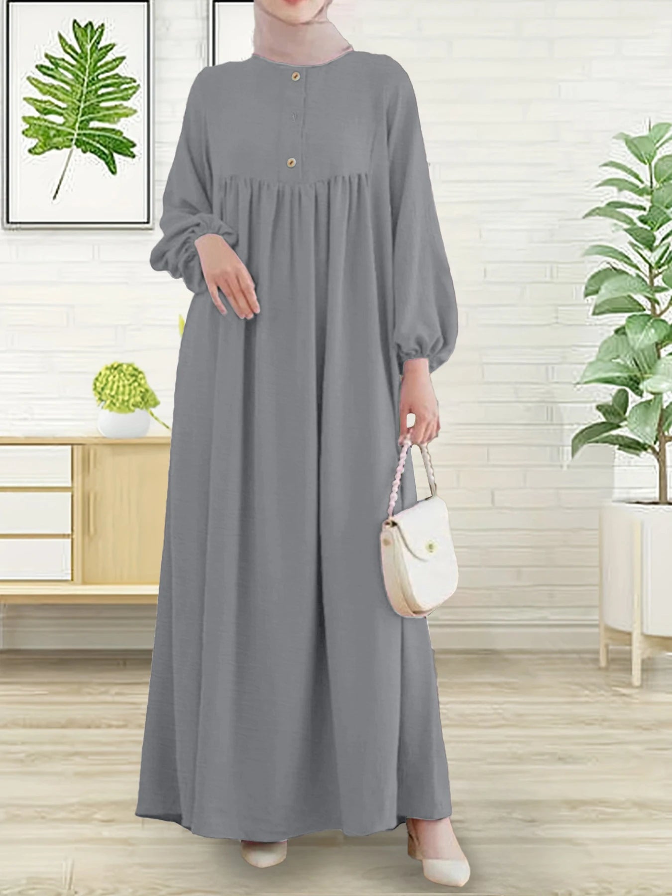 Modest Abaya Dress for Muslim Women Simple Bubble Sleeve Robe Crew Neck Breathable Islamic Abaya Dress