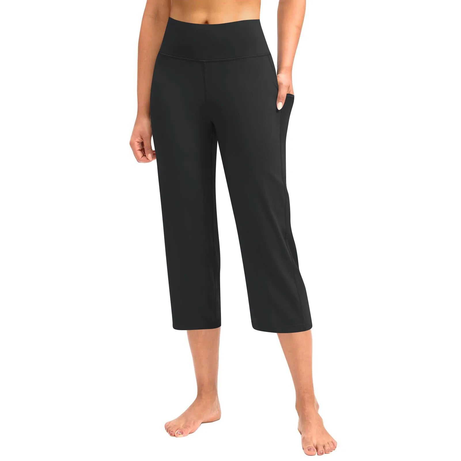 Women  Elastic High Waist 3/4 Pant Casual Active  Fit Wide Capris Leg Pants Trousers With Pockets Pants Woman брюки женские