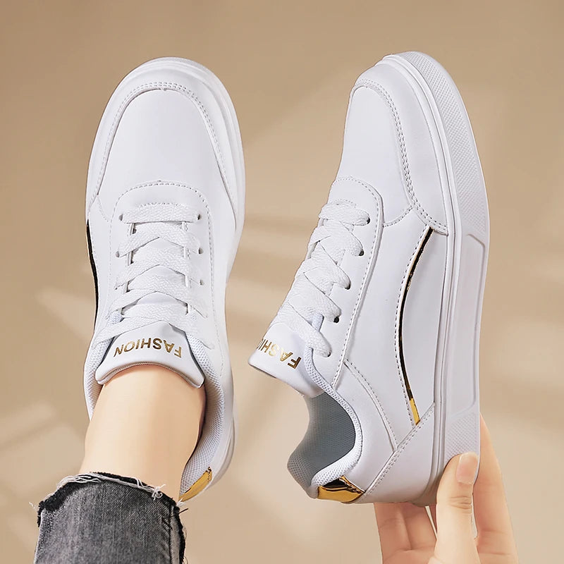Women White Shoes Flat Female White Board Casual Shoes Lace Up PU Leather Walking Sneakers Thick Sole Outdoor Luxury Fashion