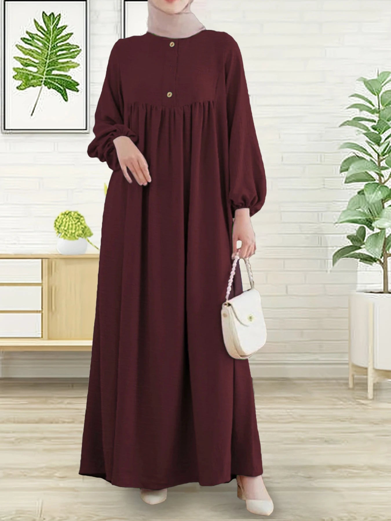 Modest Abaya Dress for Muslim Women Simple Bubble Sleeve Robe Crew Neck Breathable Islamic Abaya Dress