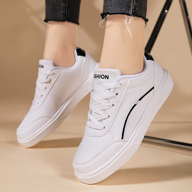 Women White Shoes Flat Female White Board Casual Shoes Lace Up PU Leather Walking Sneakers Thick Sole Outdoor Luxury Fashion