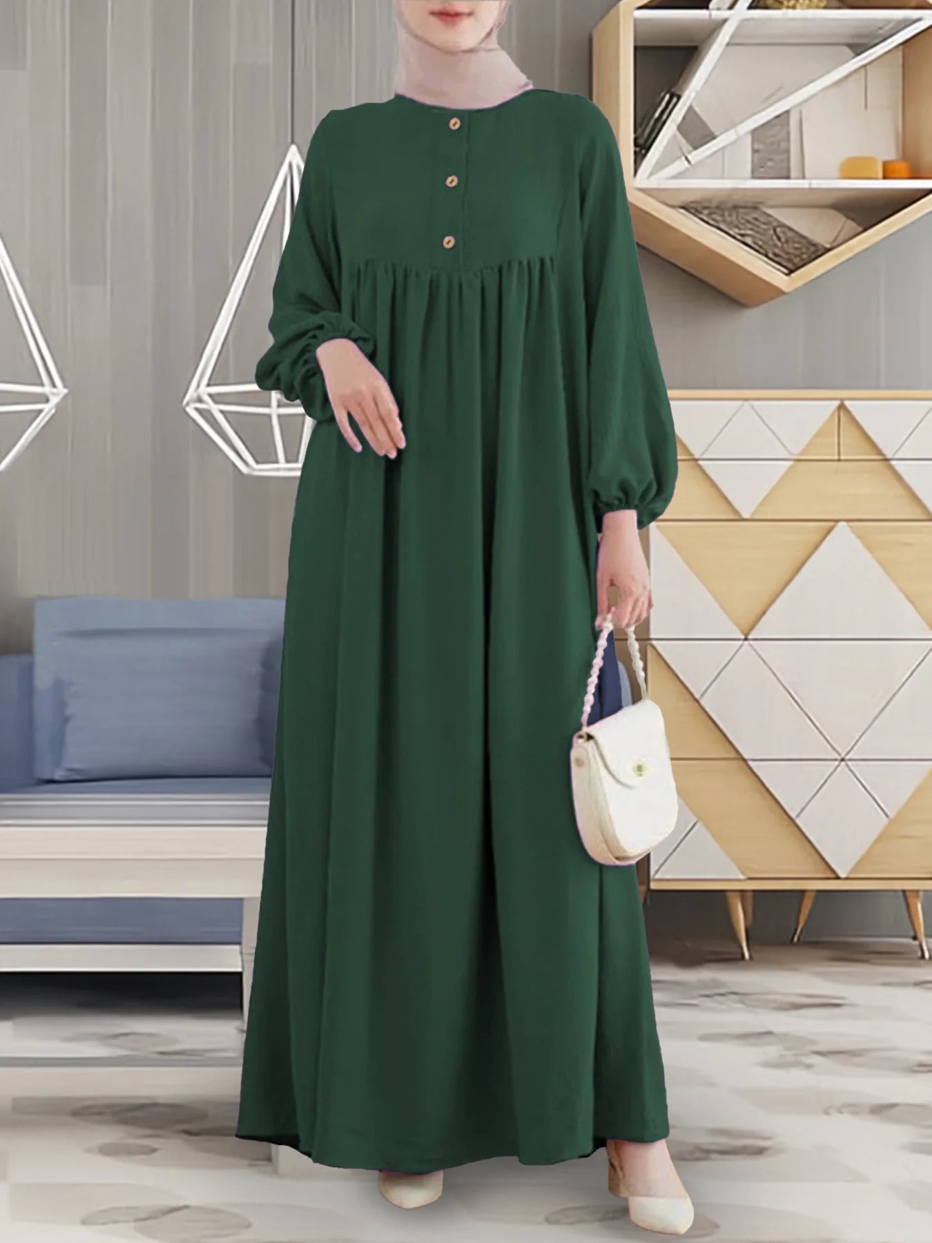 Modest Abaya Dress for Muslim Women Simple Bubble Sleeve Robe Crew Neck Breathable Islamic Abaya Dress