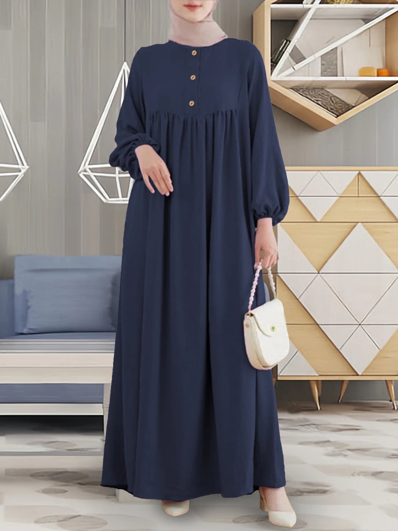 Modest Abaya Dress for Muslim Women Simple Bubble Sleeve Robe Crew Neck Breathable Islamic Abaya Dress
