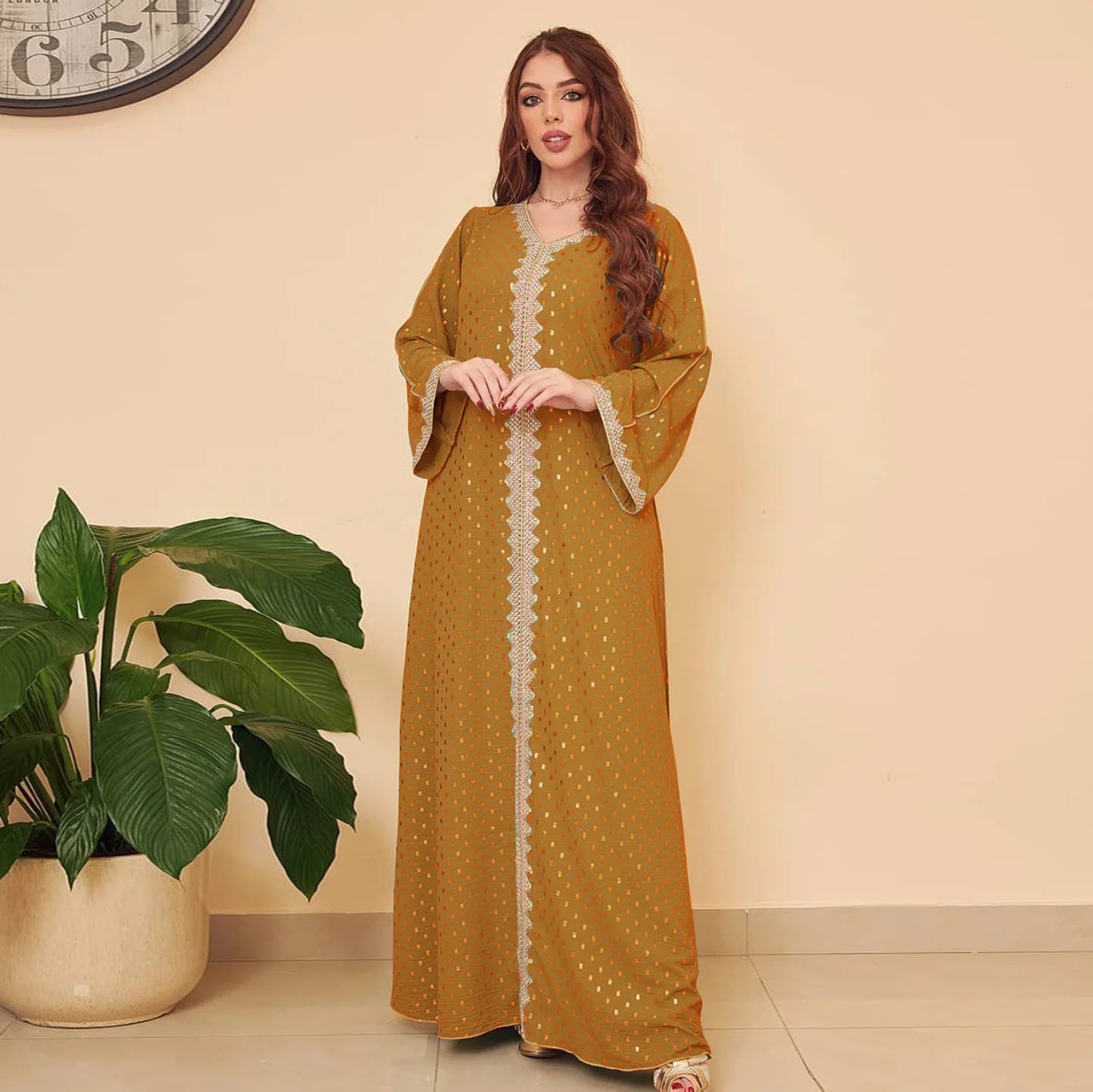 Modest Muslim Maxi Dress For Women Spring 2025 Lace Tape Trim V Neck Long Sleeve Loose Arab Oman Dubai Gold Stamping Robe Pink