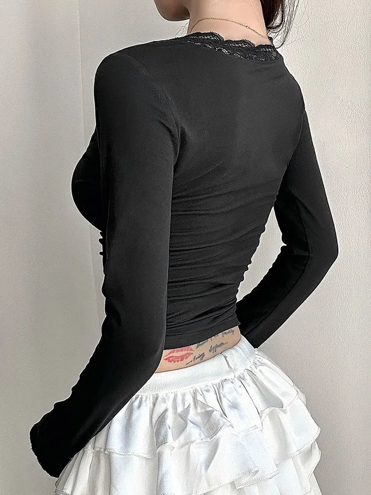 Women's T-shirt New Streetwear Spring Fashion Casual Slim T-shirt Elegant Female Sexy Black Lady Versatile Knitted Tees Clothing