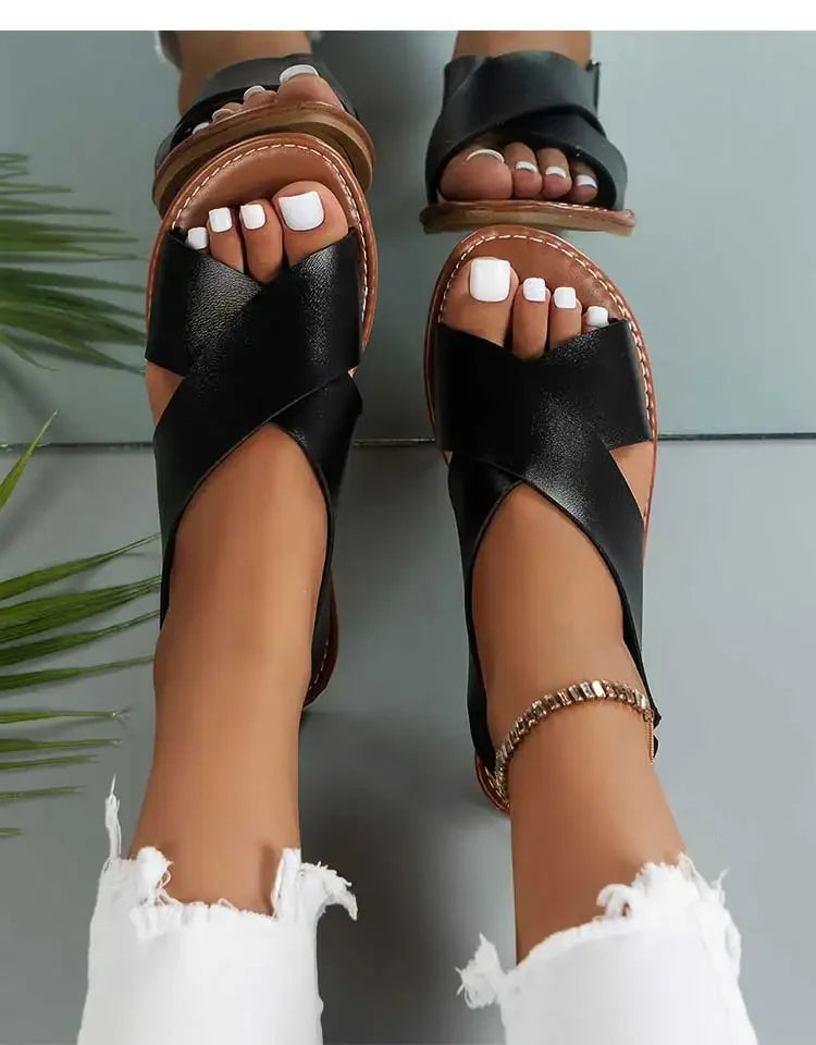 Women's Sandals 2025 Summer Women Flat Shoes Soft Pu Leather Sandalias De Mujer Summer Sandals Women Beach Footwear