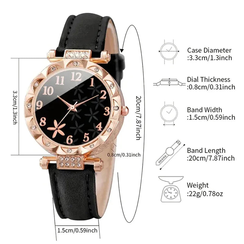 6pcs/set New Women's Rhinestone Dial Strap Quartz Watch Female Casual Heart Firework PU Leather Wrist Watch Ensemble Argent