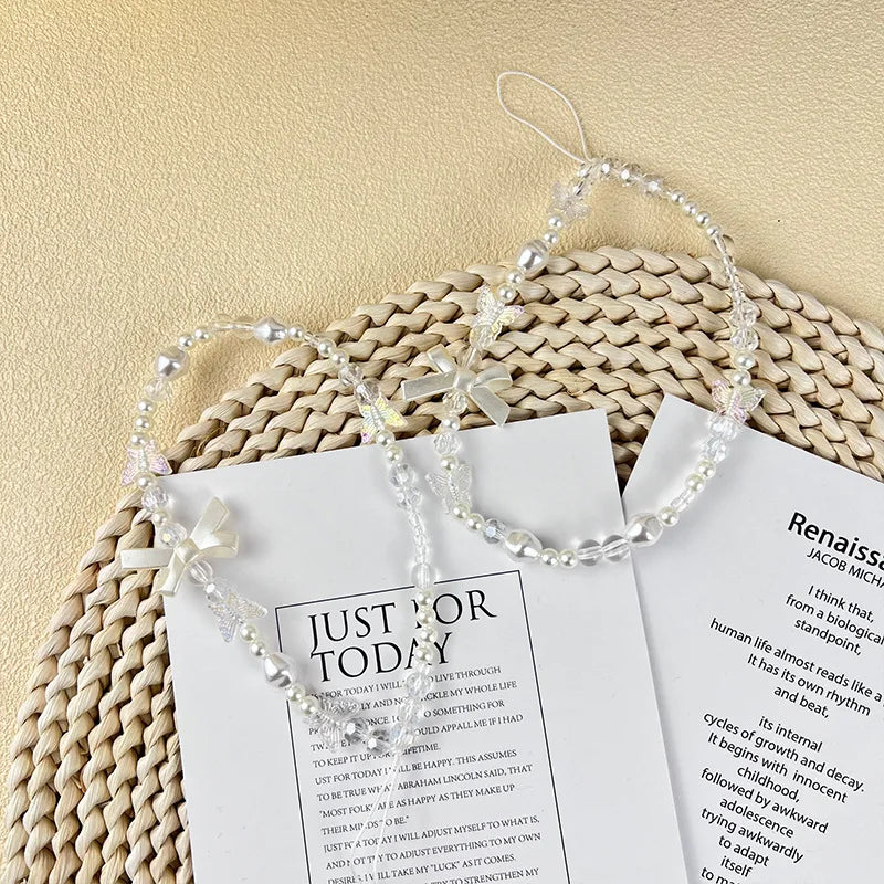 Creative Crystal Bowknot Pearl Beaded Mobile Phone Straps for Women Phone Case Key Chain Bag Pendant Decoration Accessories