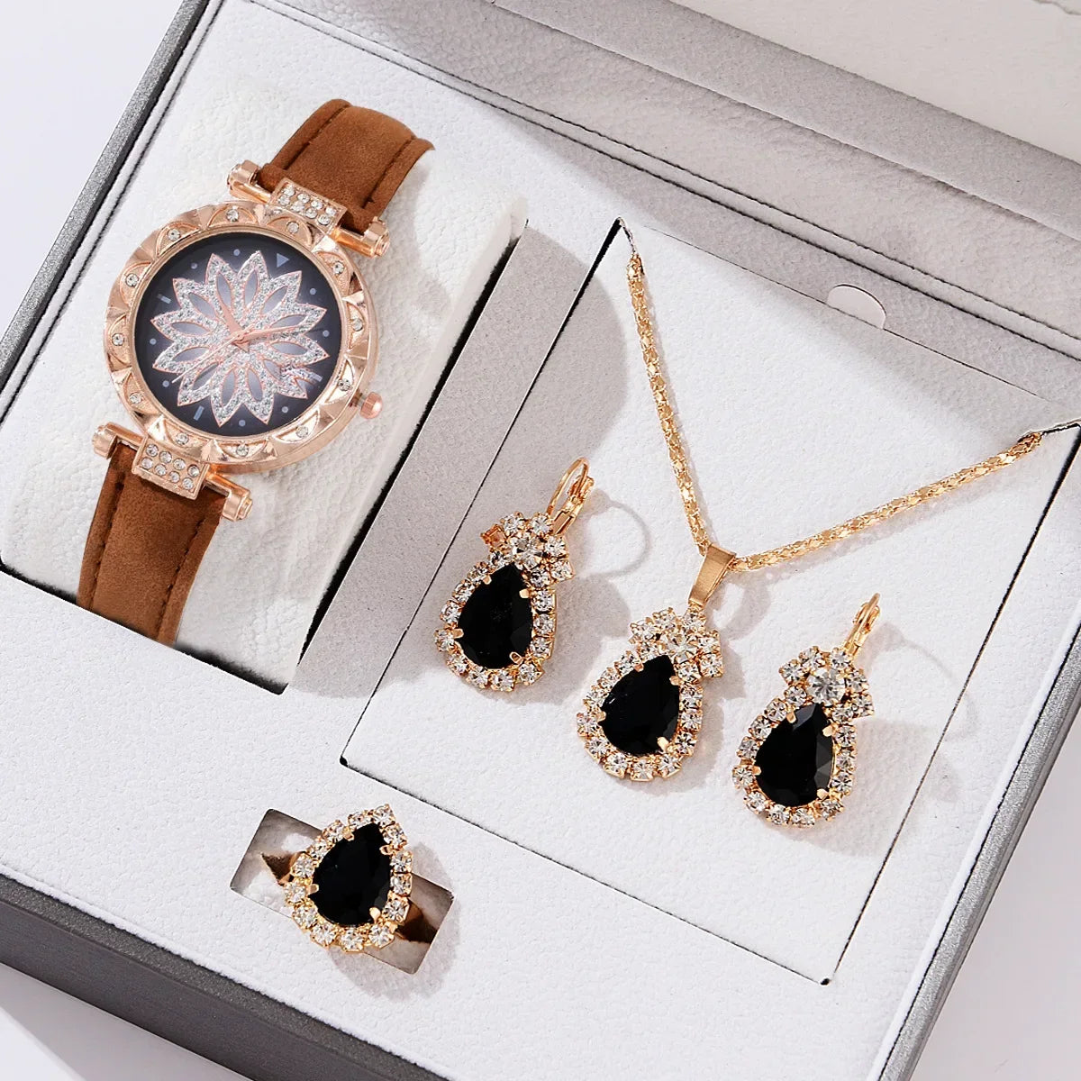 5/6PCS Set Rose Gold Luxury Watch Women Ring Necklace Earring Rhinestone Fashion Wristwatch Casual Ladies Bracelet( No Box)