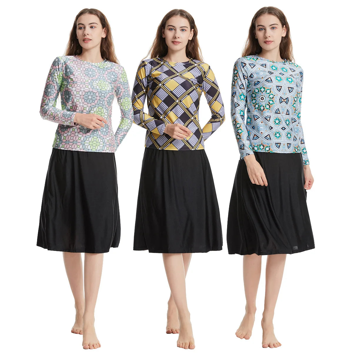Muslim Modest Burkini Women Long Sleeve Print Swimwear Full Cover Swimsuit Islamic Bathing Suit Beachwear Swimming Costumes Set