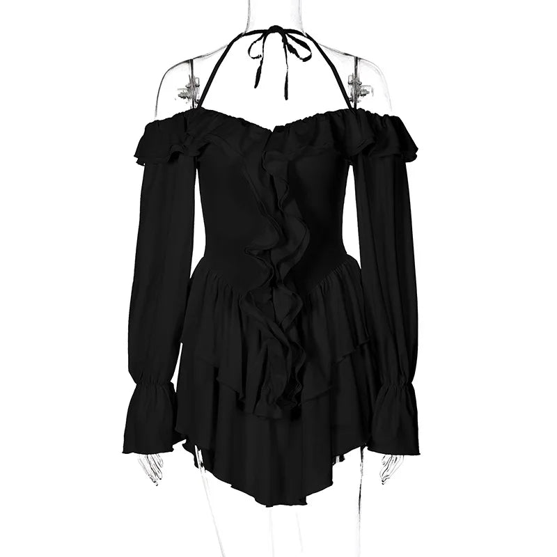 Woman Clothes Sexy Ruffles High Waist Rompers Short Jumpsuit 2025 Autumn Lace-up Off Shoulder Long Sleeve Pink Playsuit Clubwear