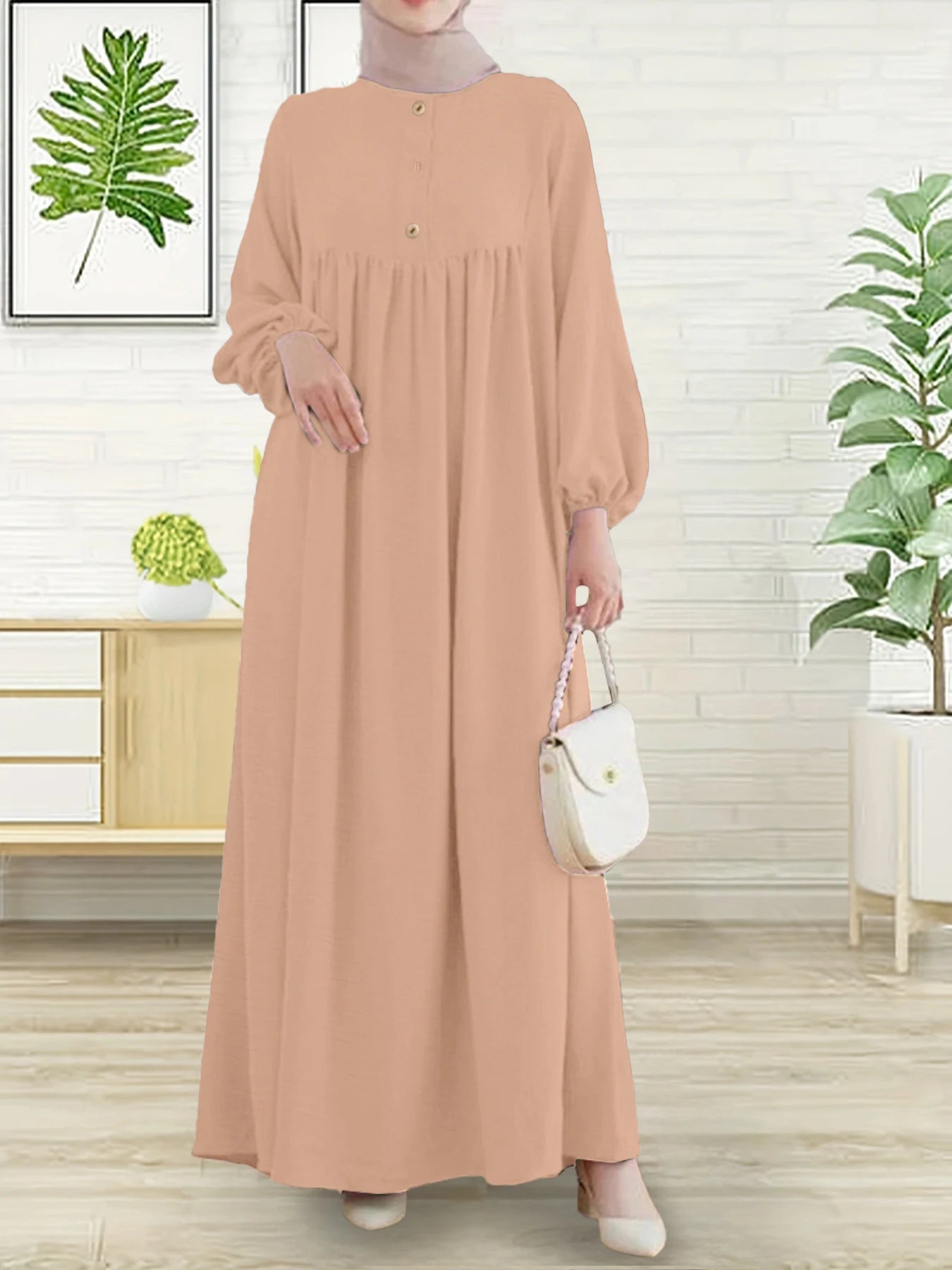 Modest Abaya Dress for Muslim Women Simple Bubble Sleeve Robe Crew Neck Breathable Islamic Abaya Dress