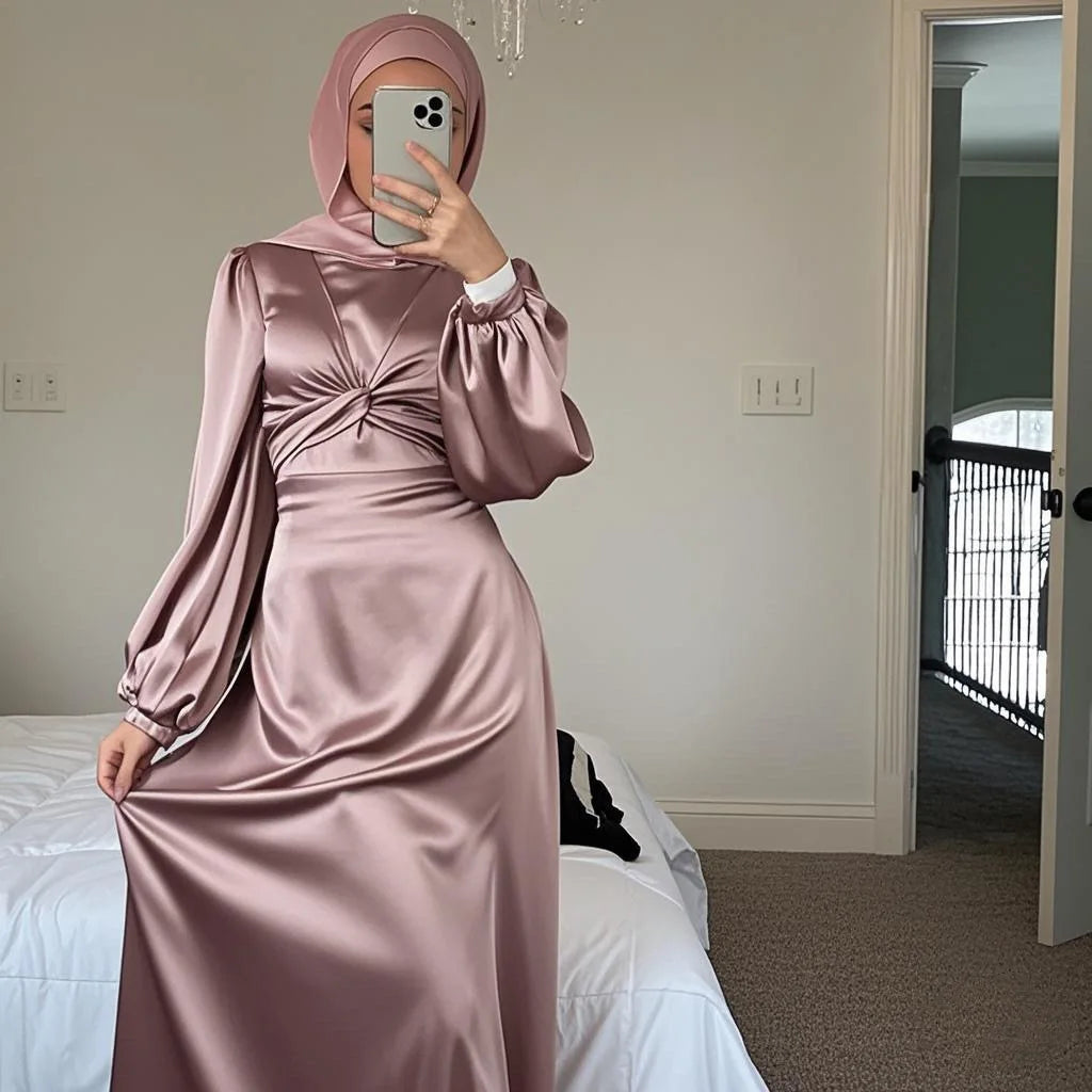 Ramadan Arabic Muslim Women Modest Dress Elegant Dubai Satin Abaya Islamic Party Clothing Holiday Travel Outfit 2025 Turkey Robe