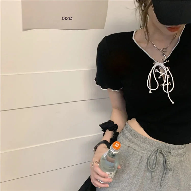 Woman T-shirts Summer White V-neck Top Knitted Short-Sleeved T-shirt for Women Mujer Camisetas