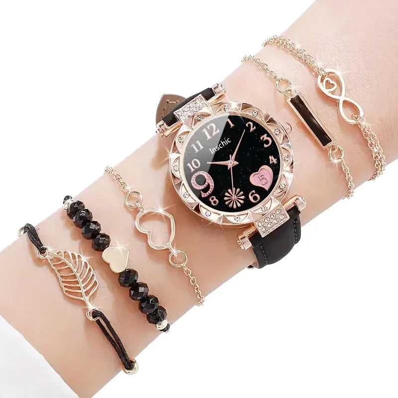 6pcs/set New Women's Rhinestone Dial Strap Quartz Watch Female Casual Heart Firework PU Leather Wrist Watch Ensemble Argent