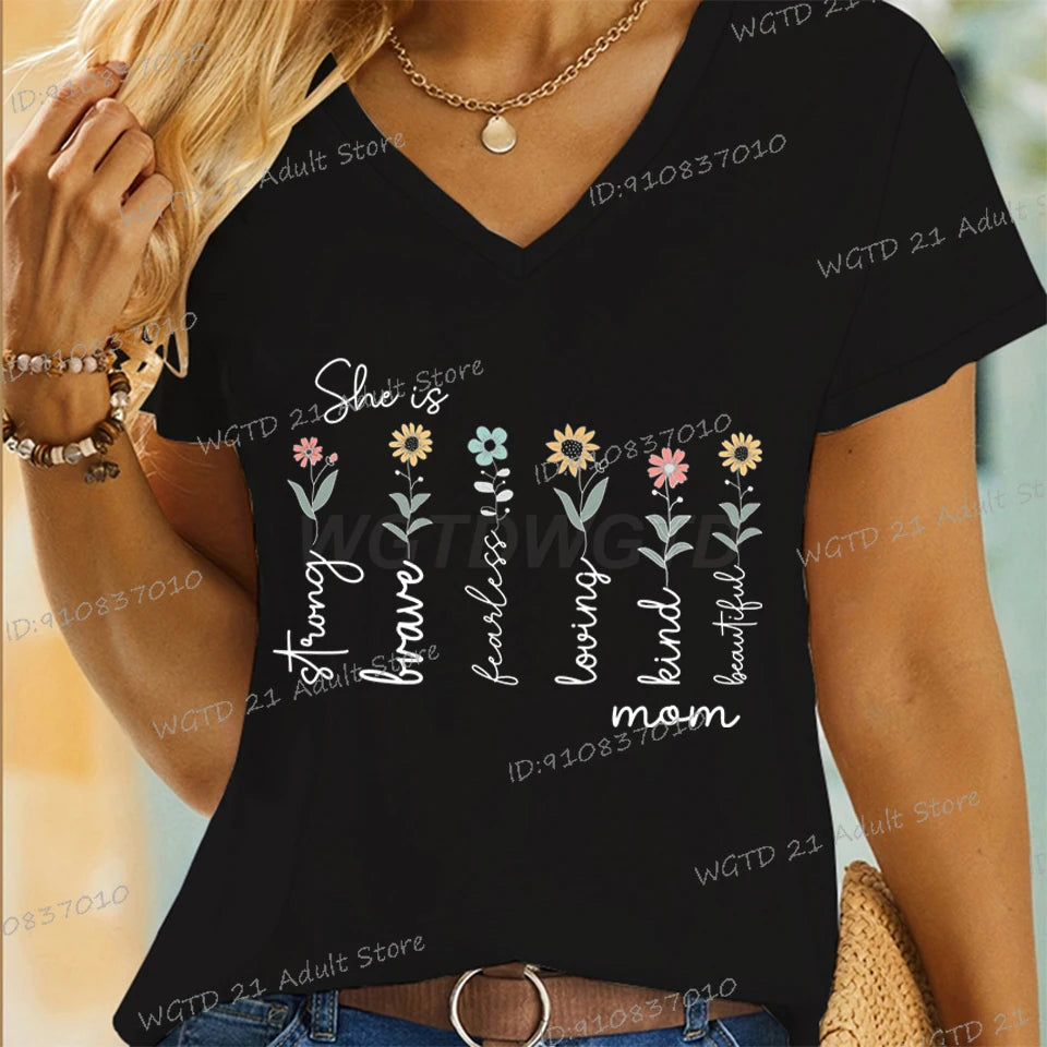 Women T-shirt She Is Strong Kind Print Wild Flower Tees Bible Verses Mom Life V Neck Shirt Ladies Casual Tops Gift Mother's Day