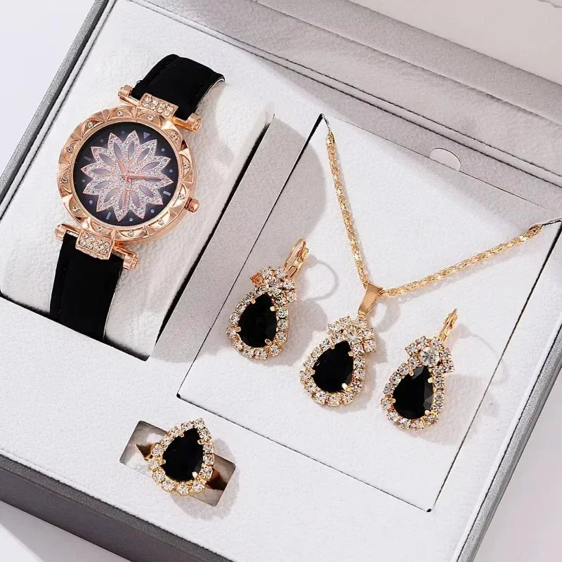 5/6PCS Set Rose Gold Luxury Watch Women Ring Necklace Earring Rhinestone Fashion Wristwatch Casual Ladies Bracelet( No Box)