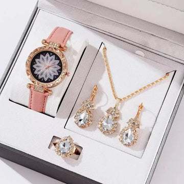 5/6PCS Set Rose Gold Luxury Watch Women Ring Necklace Earring Rhinestone Fashion Wristwatch Casual Ladies Bracelet( No Box)