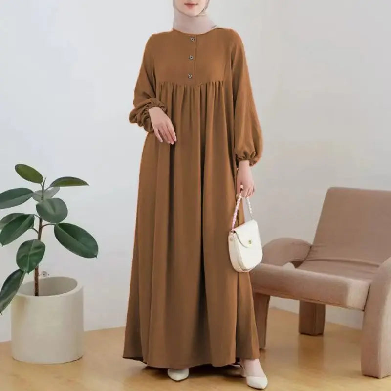 Modest Abaya Dress for Muslim Women Simple Bubble Sleeve Robe Crew Neck Breathable Islamic Abaya Dress