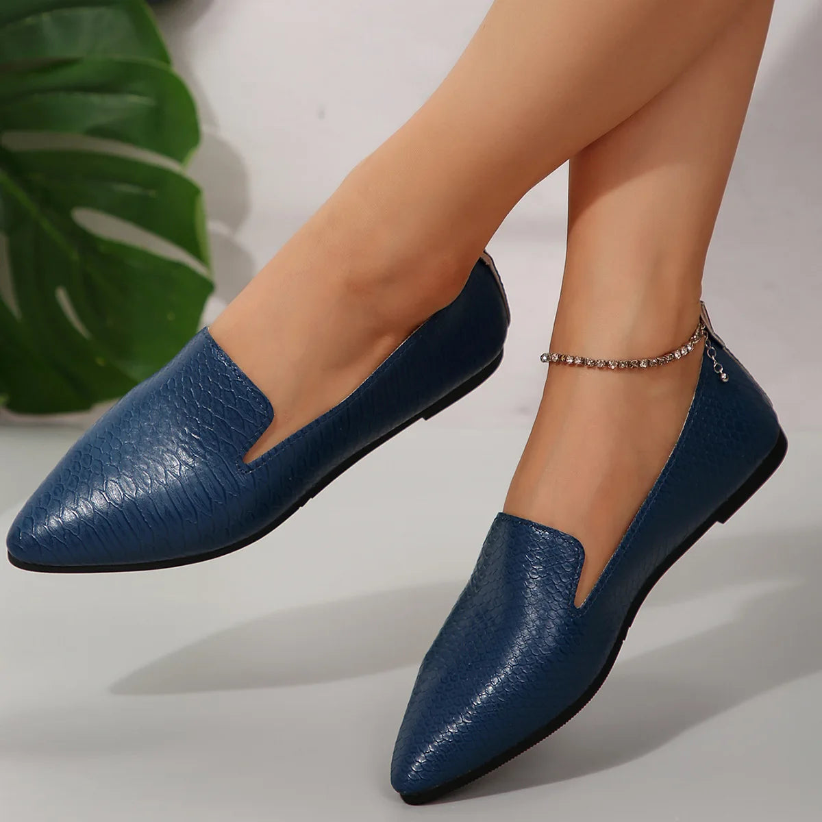 Women's Shoes PU Leather Loafers Ballet Flats Pointed Toe Barefoot Slip-on Casual Low Heel Fashion Stone Pattern Woman Flat Shoe