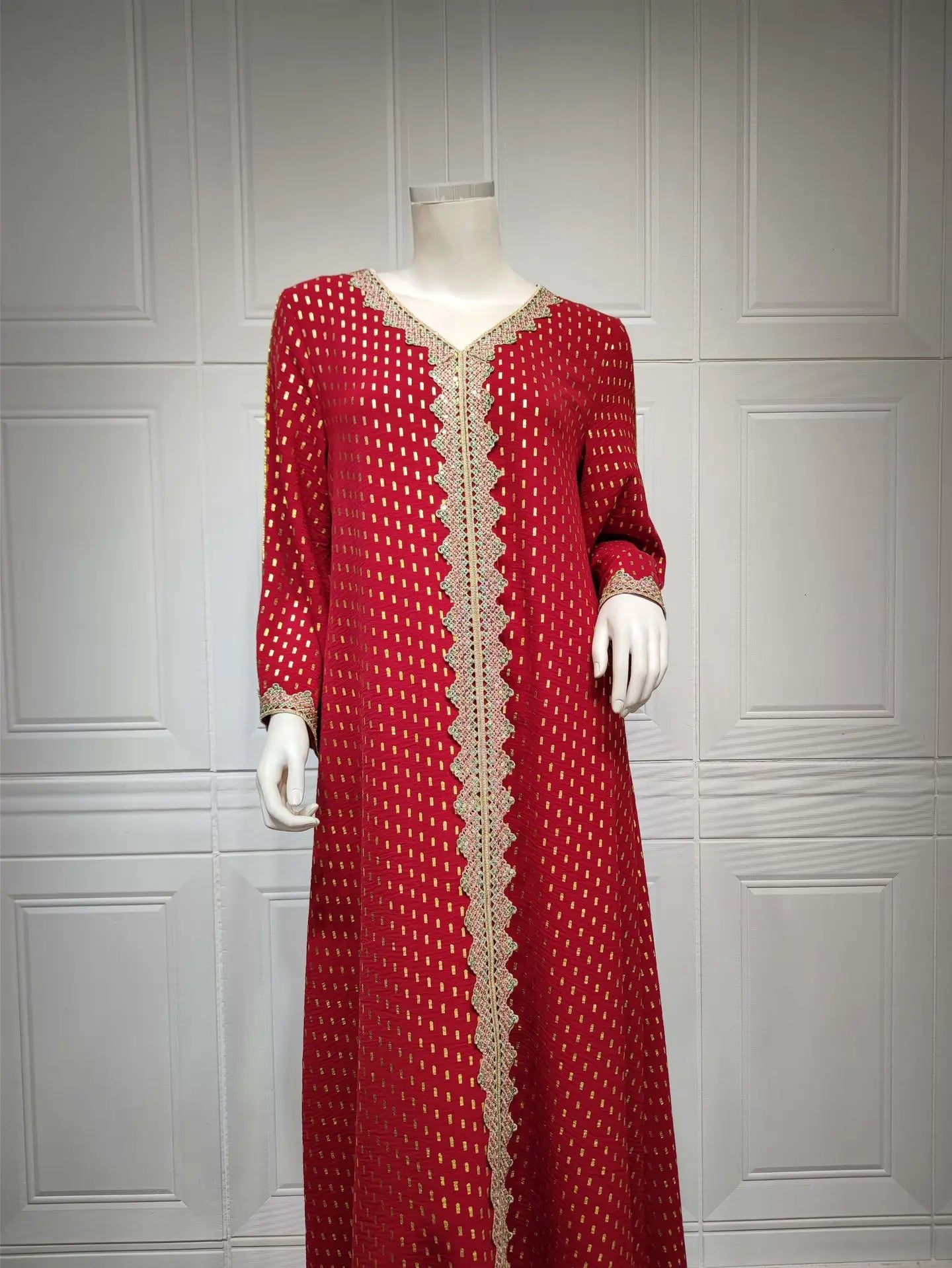 Modest Muslim Maxi Dress For Women Spring 2025 Lace Tape Trim V Neck Long Sleeve Loose Arab Oman Dubai Gold Stamping Robe Pink
