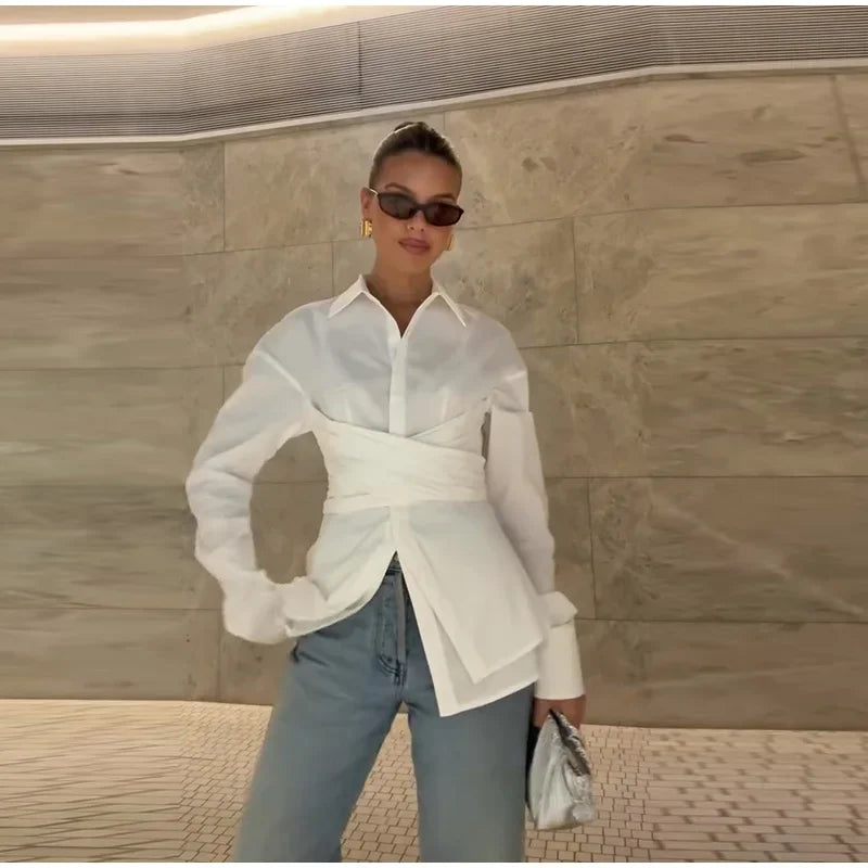 Fashion Woman Waist Shirt  New Turn-Down Collar Single Breasted Female Blouse Solid Color Shirts Office Lady Clothing