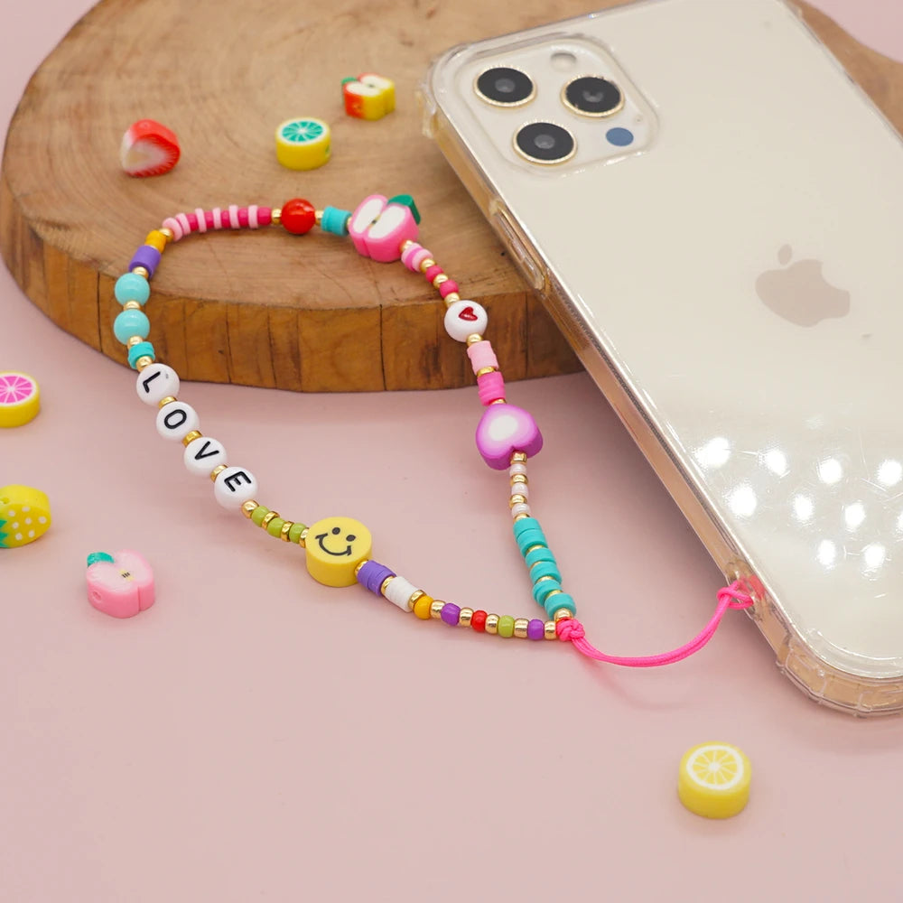 Clay Solid Color Mobile Phone Charm Phone Strap Lanyard Imitation Pearl Rope Cellphone Chains for Women Fashion Accessories