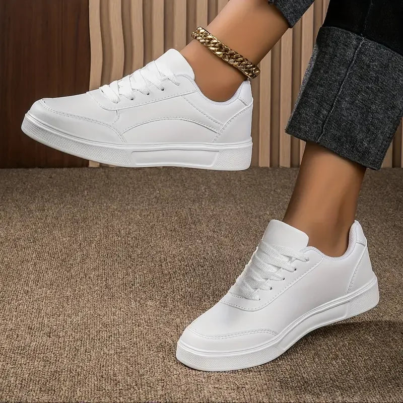Women White Shoes Flat Female White Board Casual Shoes Lace Up PU Leather Walking Sneakers Thick Sole Outdoor Luxury Fashion