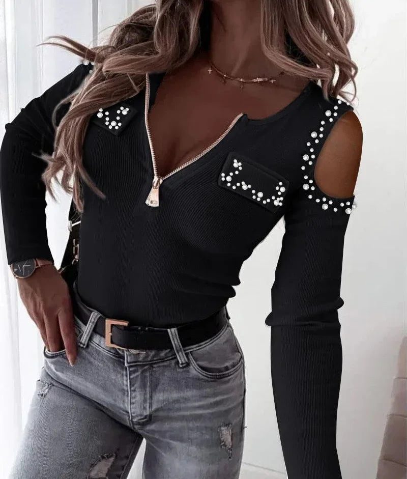 Woman Blouse Streetwear Spring 2024 New Long Sleeved V-Neck Off Shoulder Tops Fashion Casual Daily T-shirt Female's Pullover Tee