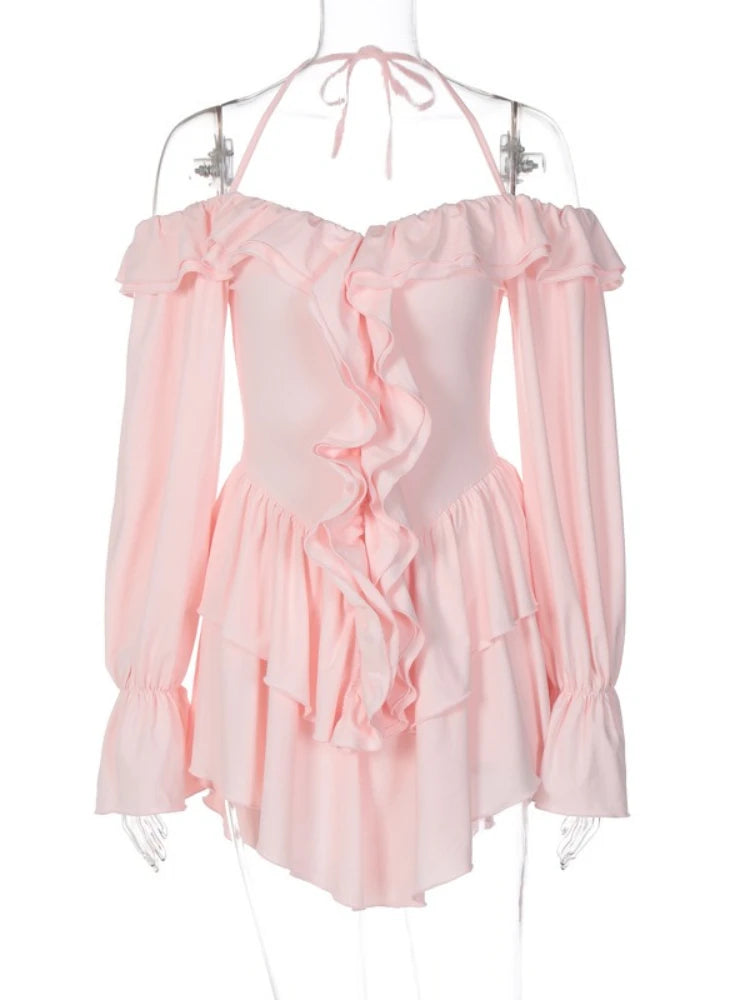 Woman Clothes Sexy Ruffles High Waist Rompers Short Jumpsuit 2025 Autumn Lace-up Off Shoulder Long Sleeve Pink Playsuit Clubwear