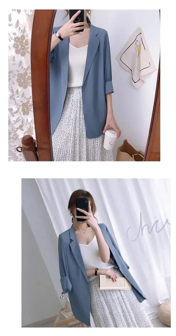 Women's Clothing White Office Blazer Summer Loose Fit Waist Slimming Elegant Casual Lightweight Trendy New