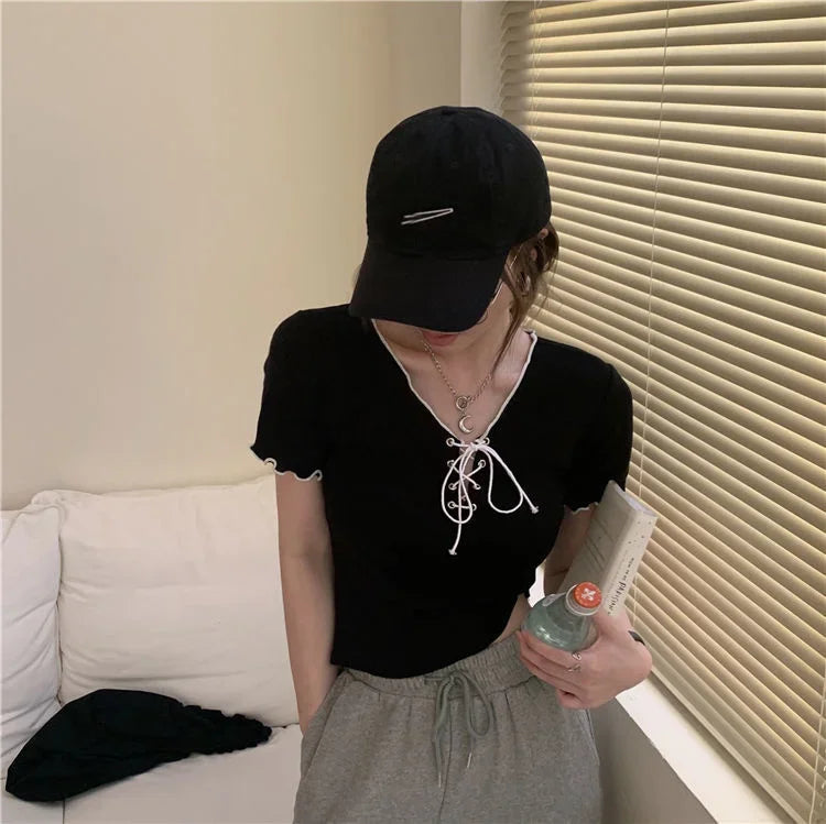 Woman T-shirts Summer White V-neck Top Knitted Short-Sleeved T-shirt for Women Mujer Camisetas