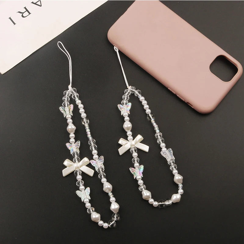 Creative Crystal Bowknot Pearl Beaded Mobile Phone Straps for Women Phone Case Key Chain Bag Pendant Decoration Accessories