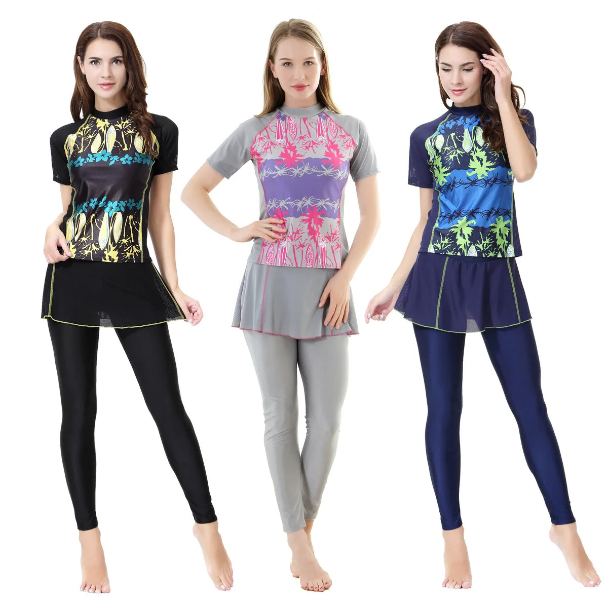 Muslim Modest Burkini Women Long Sleeve Print Swimwear Full Cover Swimsuit Islamic Bathing Suit Beachwear Swimming Costumes Set
