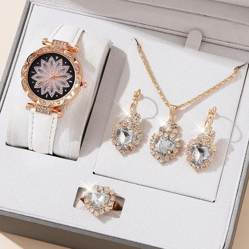 5/6PCS Set Rose Gold Luxury Watch Women Ring Necklace Earring Rhinestone Fashion Wristwatch Casual Ladies Bracelet( No Box)