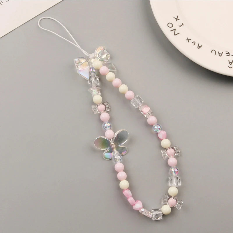 Creative Crystal Bowknot Pearl Beaded Mobile Phone Straps for Women Phone Case Key Chain Bag Pendant Decoration Accessories