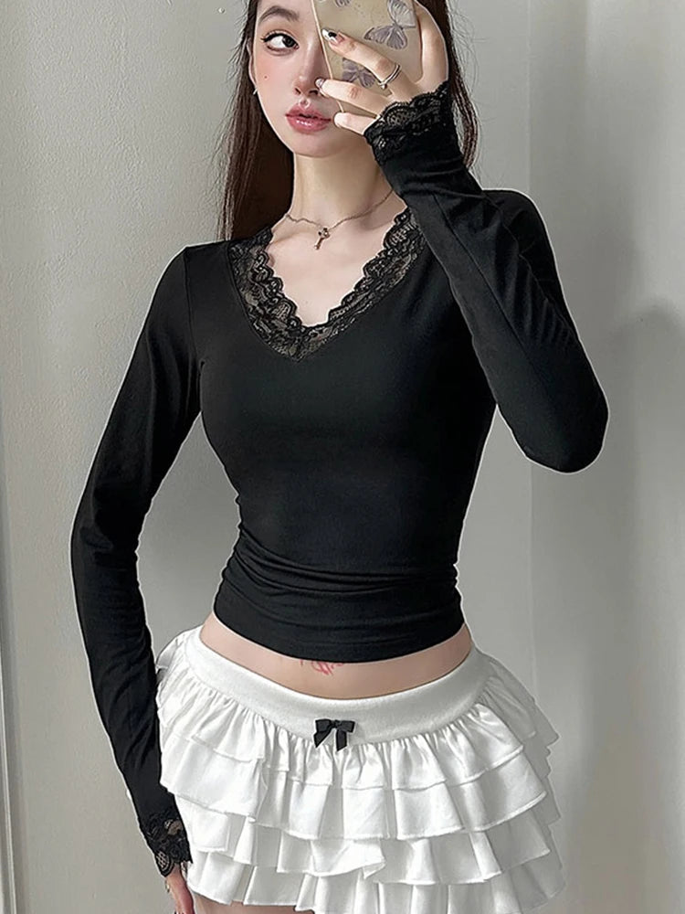 Women's T-shirt New Streetwear Spring Fashion Casual Slim T-shirt Elegant Female Sexy Black Lady Versatile Knitted Tees Clothing
