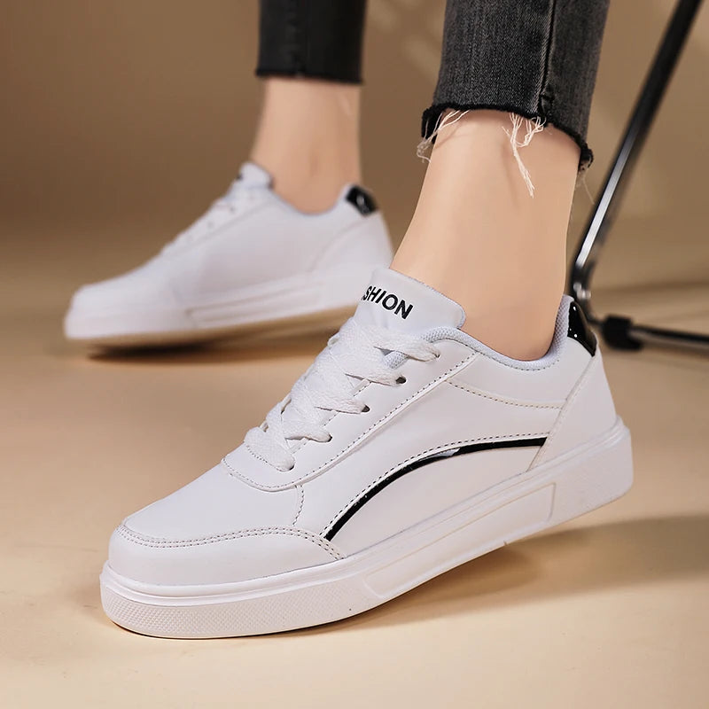 Women White Shoes Flat Female White Board Casual Shoes Lace Up PU Leather Walking Sneakers Thick Sole Outdoor Luxury Fashion