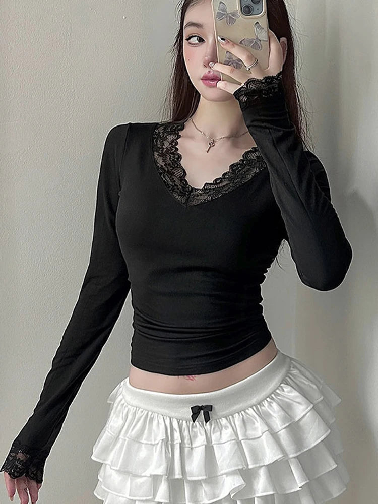 Women's T-shirt New Streetwear Spring Fashion Casual Slim T-shirt Elegant Female Sexy Black Lady Versatile Knitted Tees Clothing